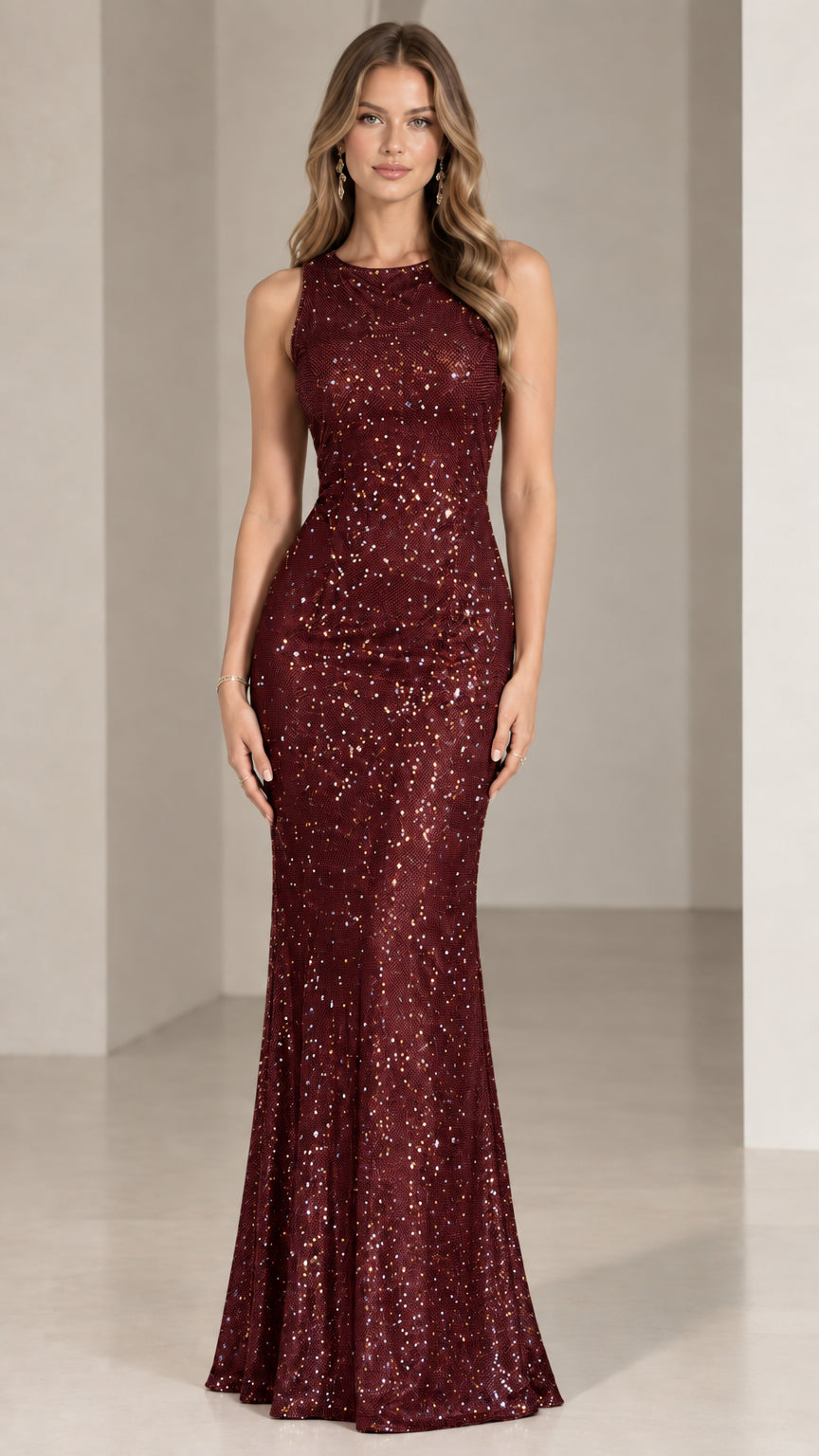 Burgundy wine red sleeveless glitter sequin evening gown