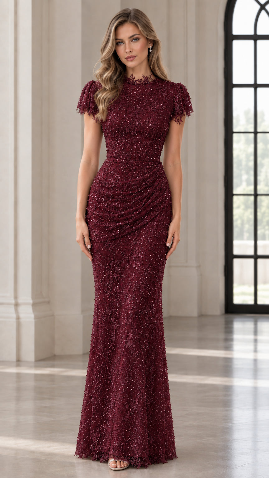 Front view of burgundy red sequin mock neck column formal gown