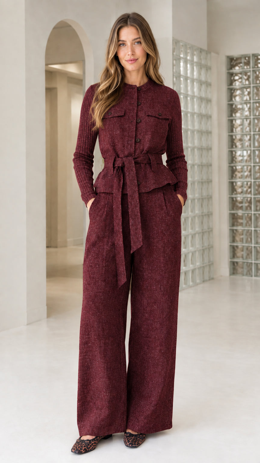 Front view of model wearing Burgundy belted jacket and wide-leg trousers set