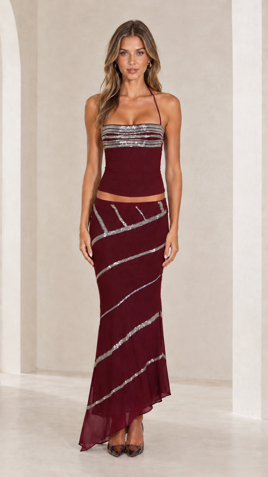 Burgundy wine red halter top and diagonal sequin maxi skirt set