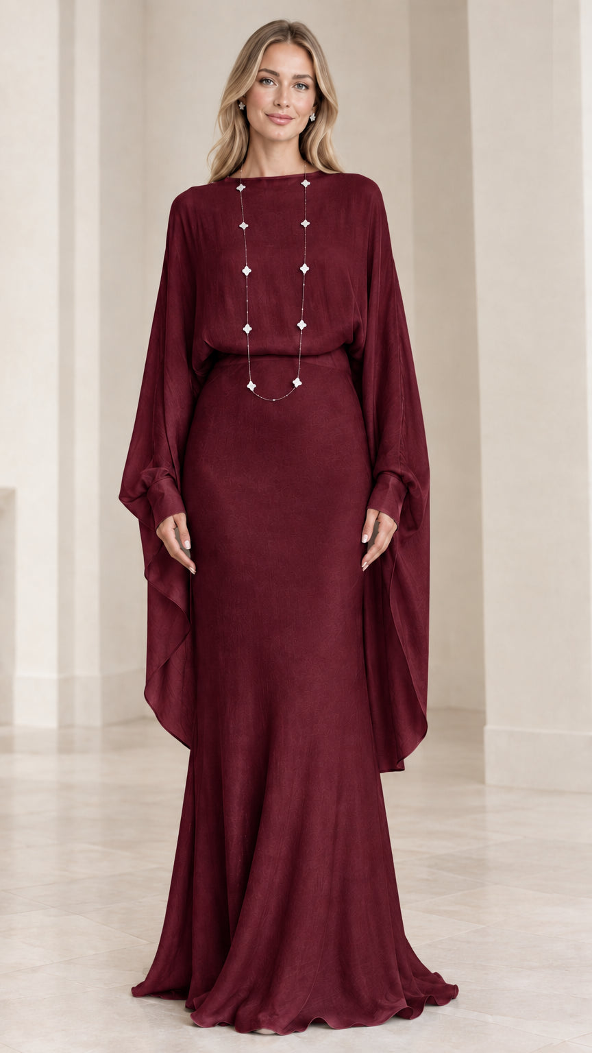 Front view of model wearing burgundy wine draped cape-sleeve maxi evening dress