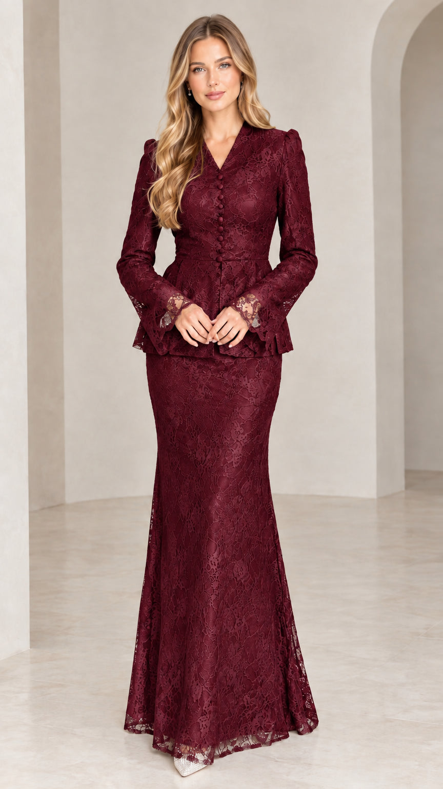 Burgundy wine red floral lace peplum jacket and mermaid maxi skirt set
