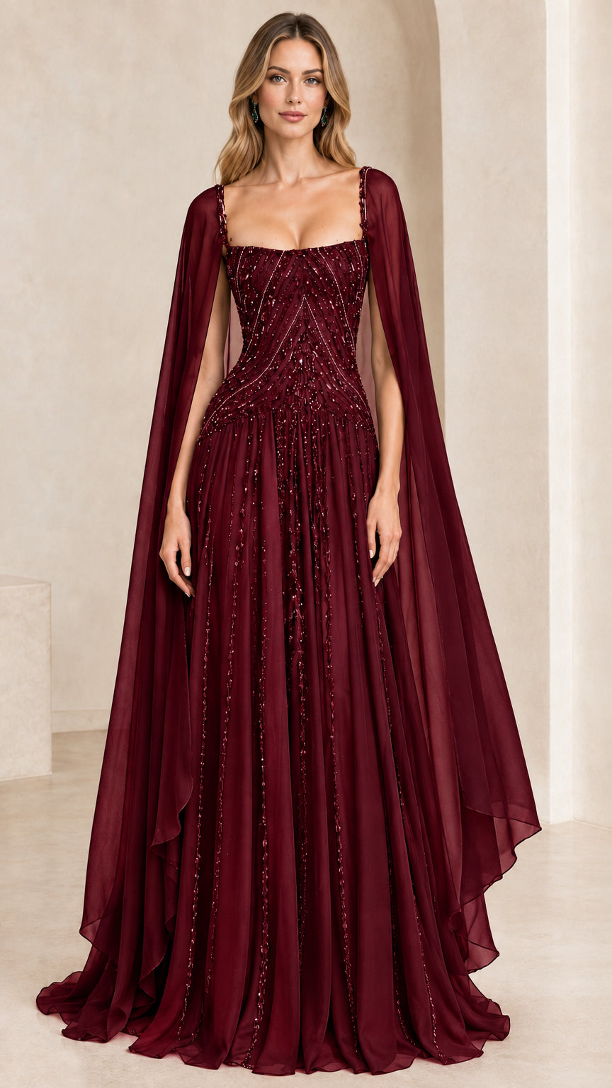 Front view of burgundy wine red embellished cape formal gown