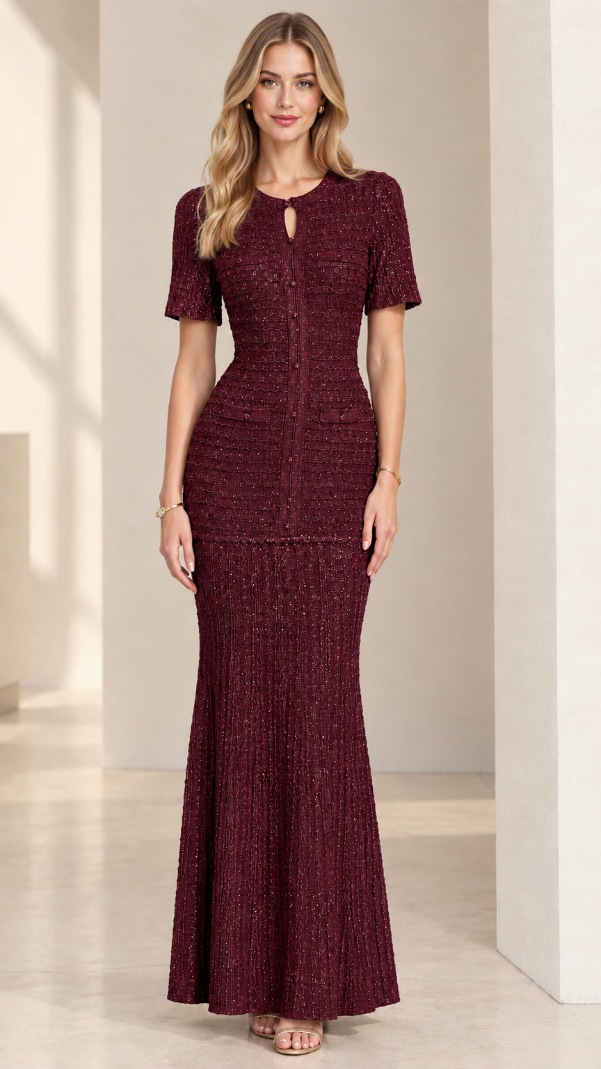 Burgundy Wine Red Textured Short Sleeve Evening Maxi Gown