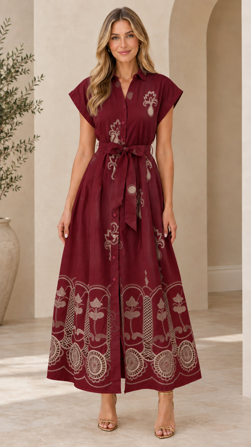Front view of burgundy red embroidered collared maxi shirt dress with sash