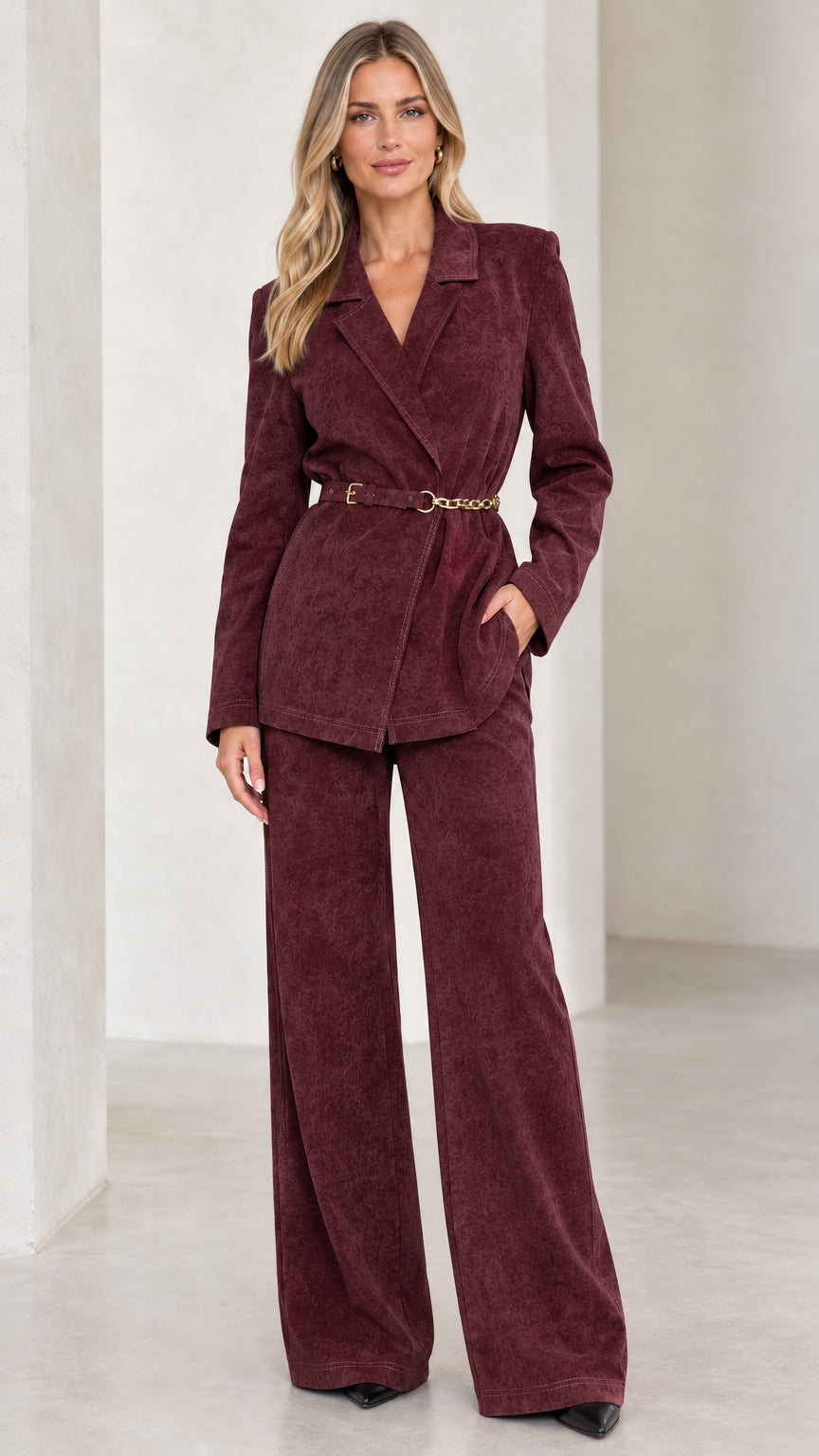Front view of women's burgundy wine textured blazer and wide leg trouser set