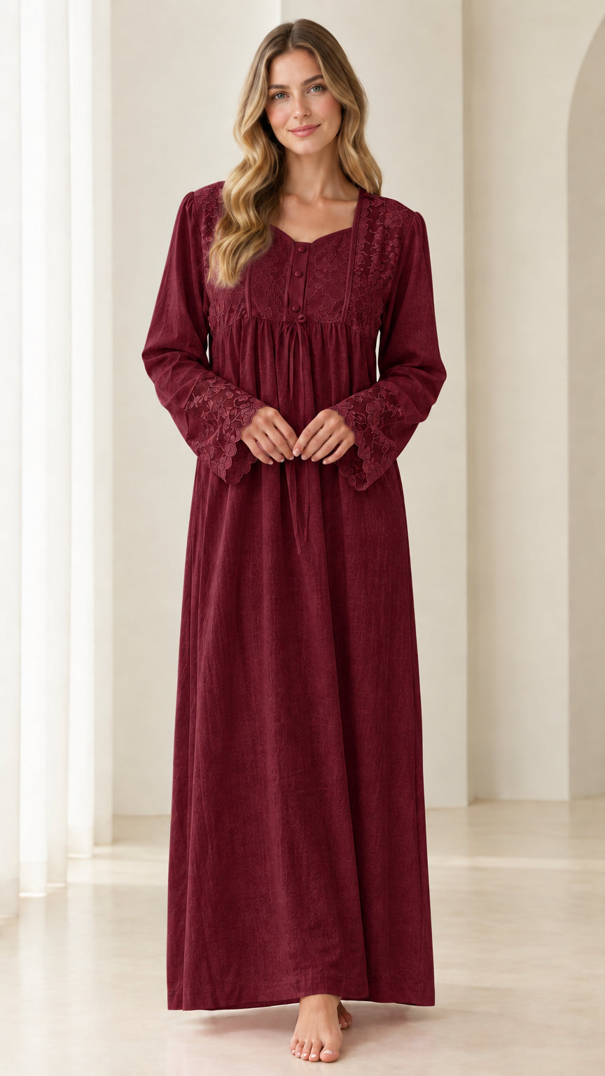 Full-length front view of burgundy wine red Victorian lace maxi nightgown