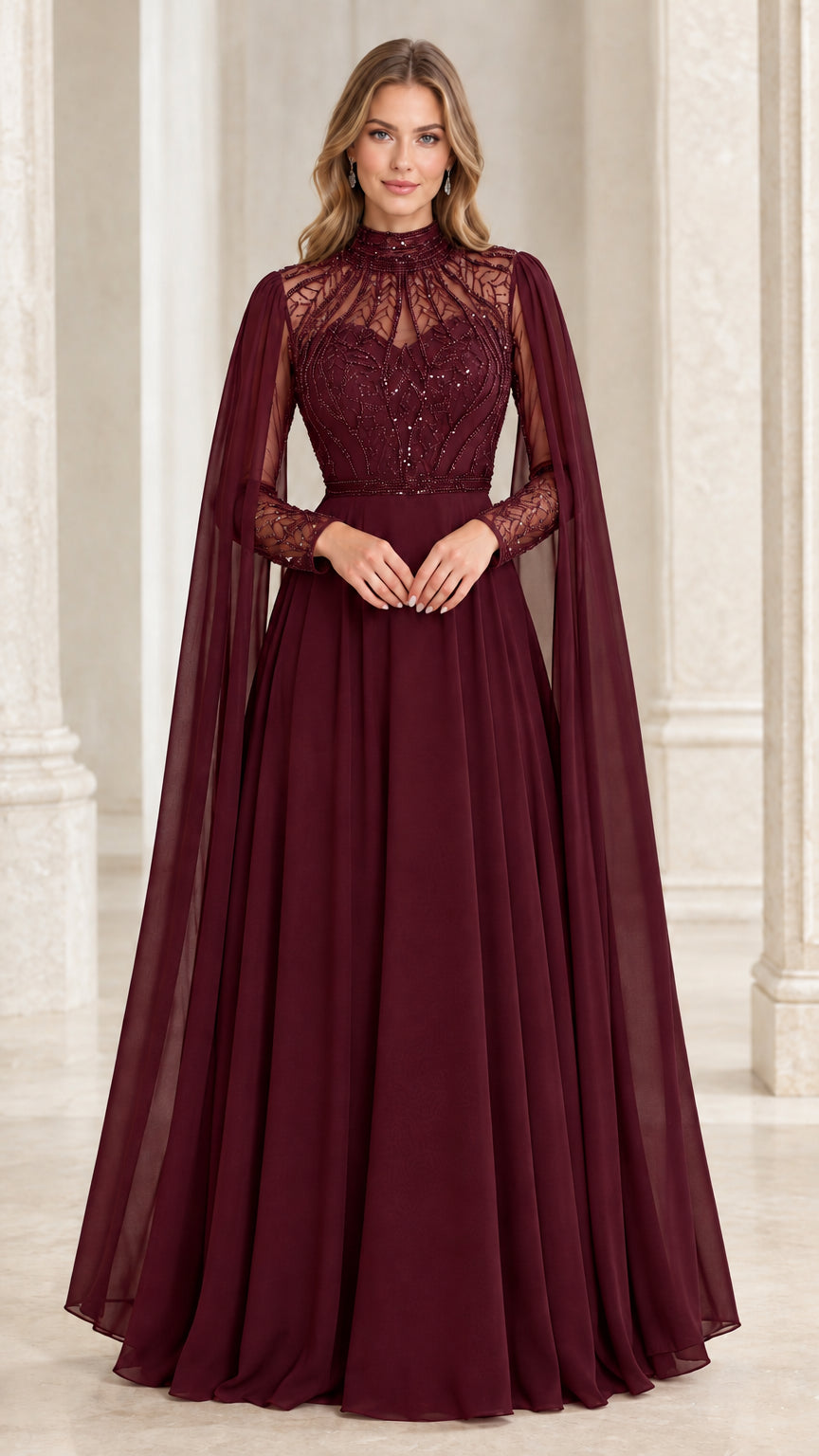 Front view of burgundy cape sleeve beaded evening gown