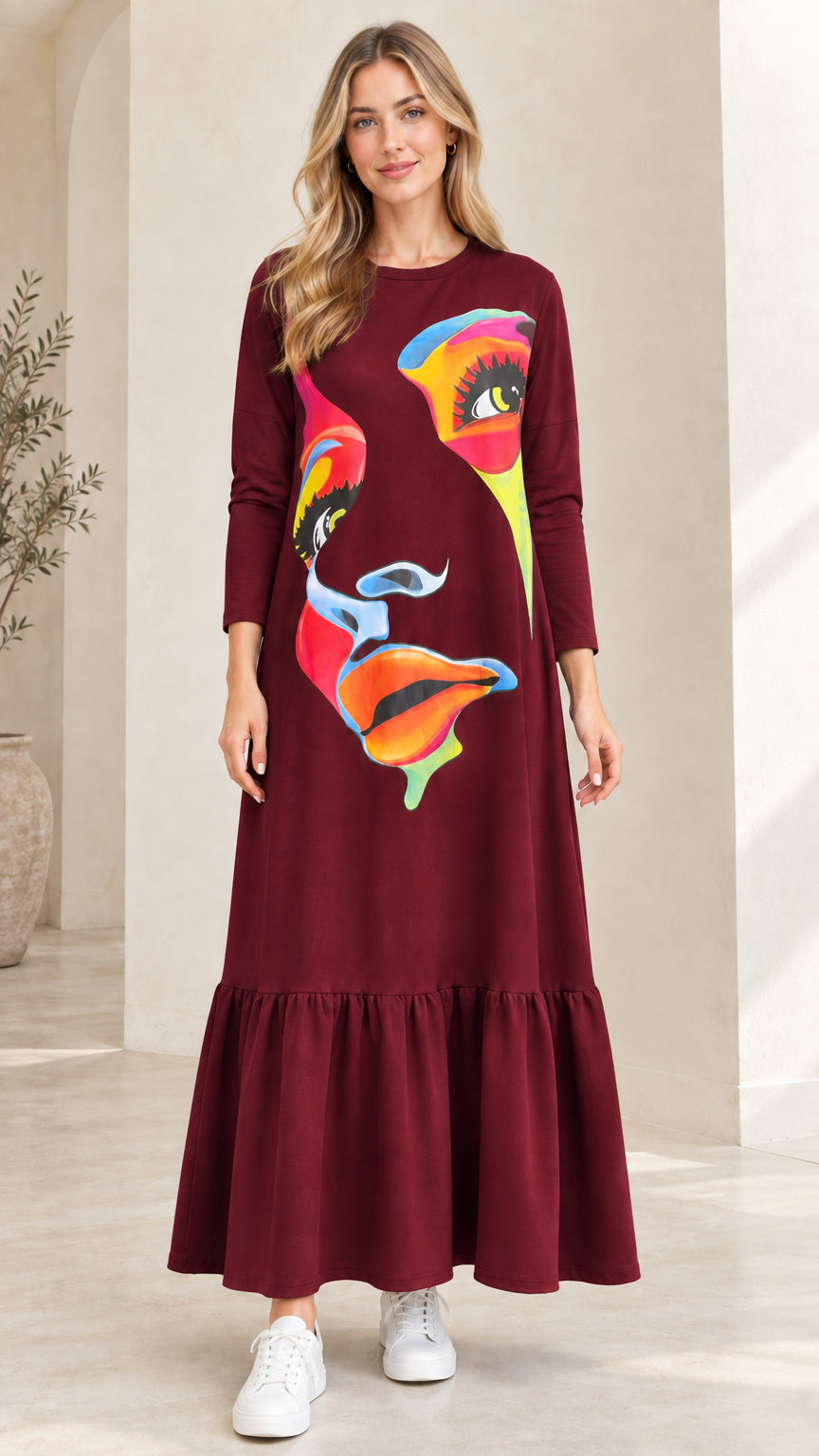 Full-length view of woman wearing Burgundy abstract graphic print tiered maxi dress