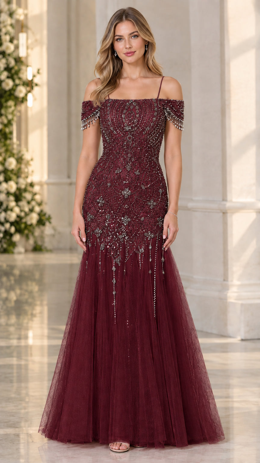 Burgundy wine off-the-shoulder beaded formal gown front view