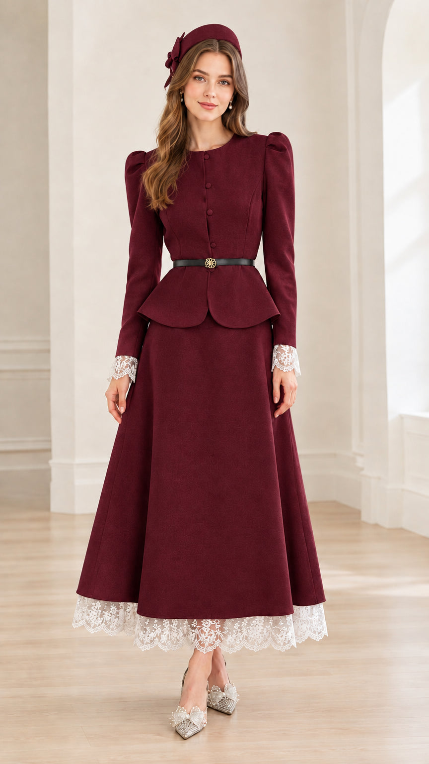 Front view of woman wearing burgundy wine red peplum jacket and lace-trimmed maxi skirt set