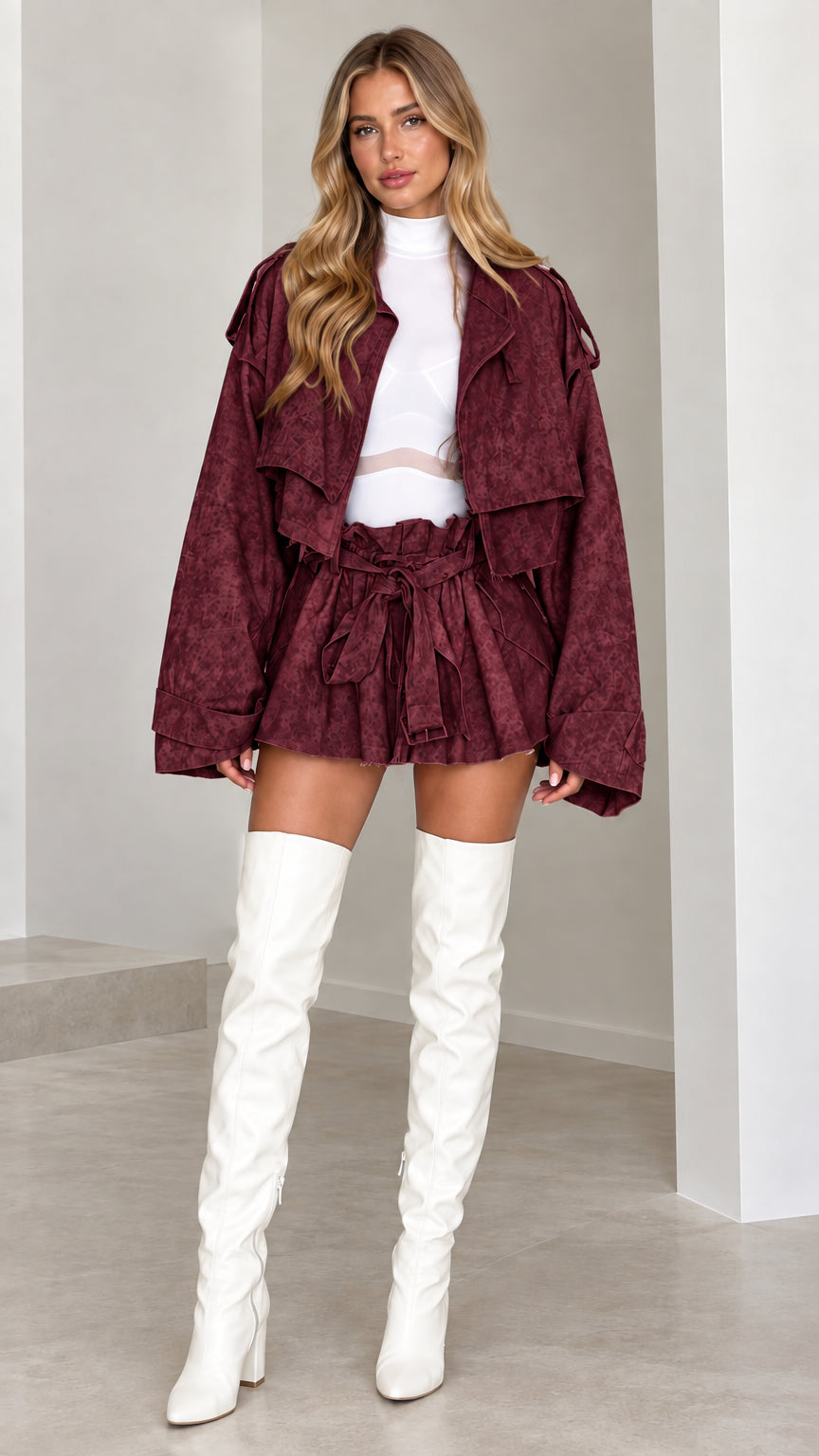 Model wearing Burgundy cropped trench jacket and high-waist belted shorts set