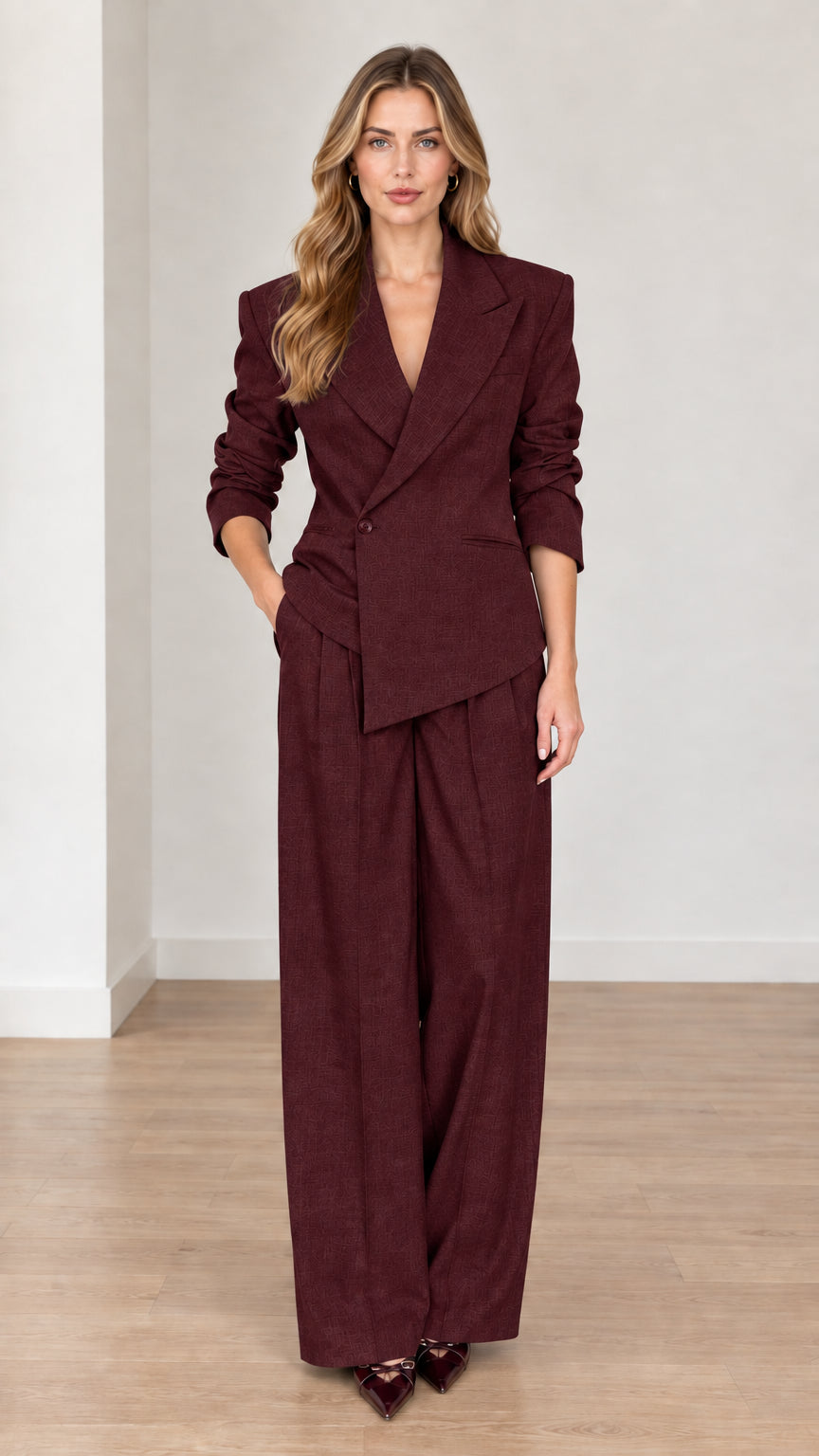 Full front view of woman wearing Burgundy wine asymmetrical pant suit set