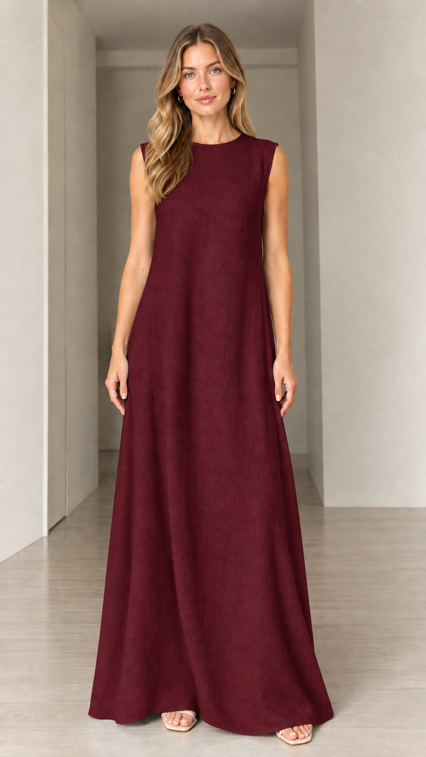 Front view of woman wearing Burgundy wine sleeveless crewneck maxi dress