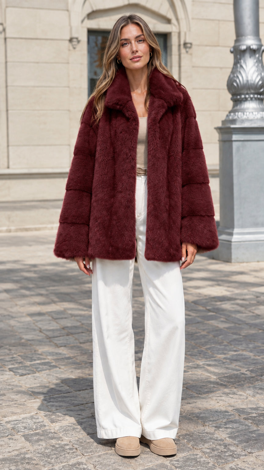 Front view of model wearing rich burgundy wine red faux fur coat