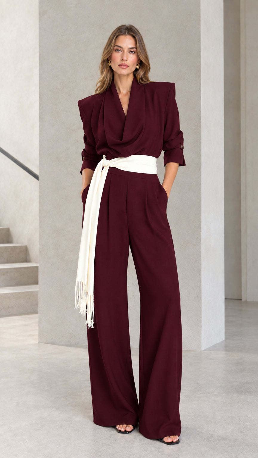 Front view of woman wearing Burgundy wine draped wide leg jumpsuit with fringe belt