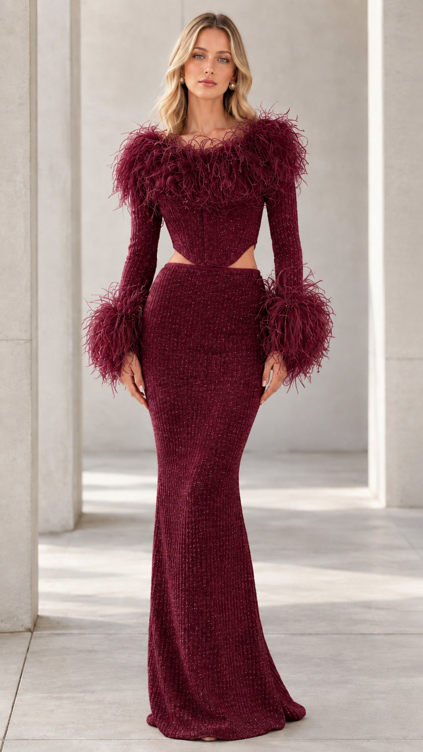 Front view of model wearing Burgundy feather-trim corset maxi dress