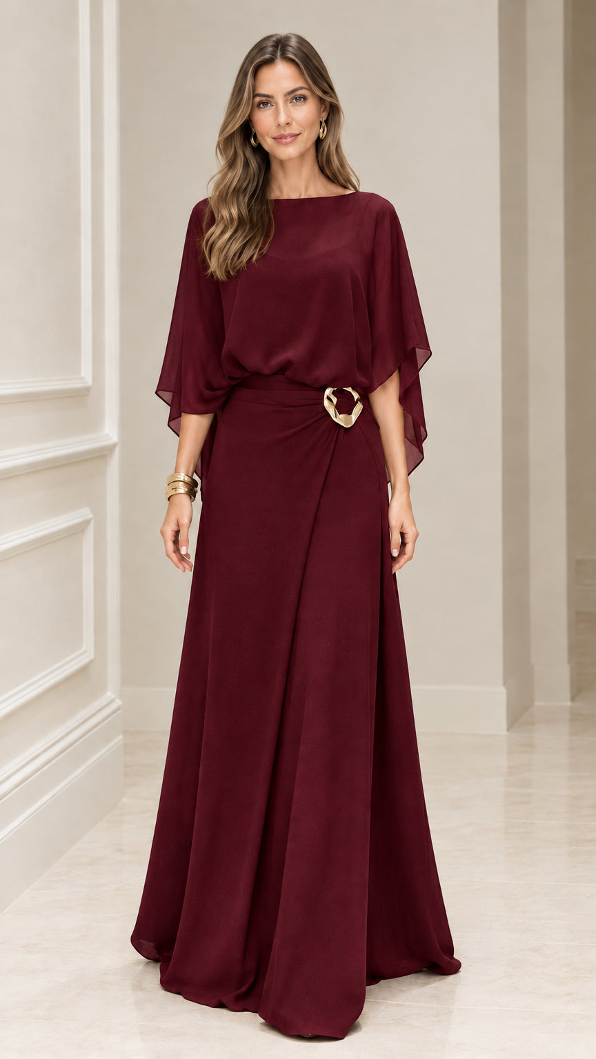 Front view of Burgundy wine red formal evening gown with waist buckle