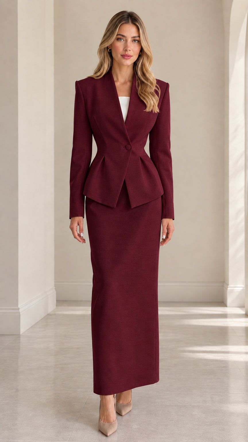 Model wearing burgundy red peplum blazer and matching maxi skirt set