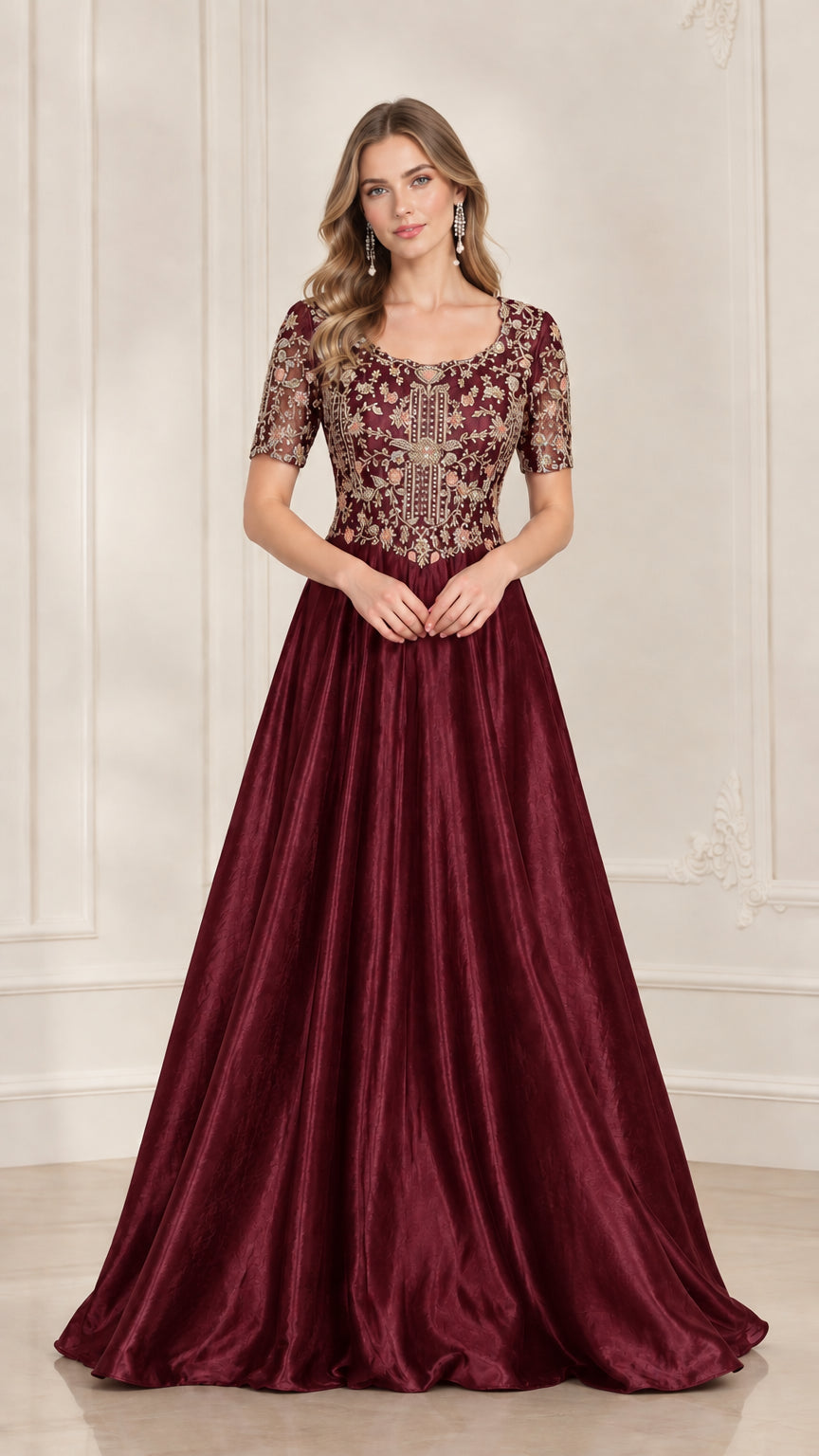 Front view of model wearing Burgundy wine A-line beaded evening gown
