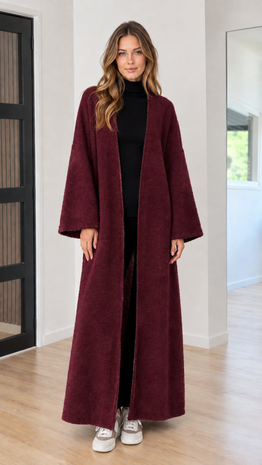 Model wearing burgundy wine longline open-front knit maxi duster cardigan