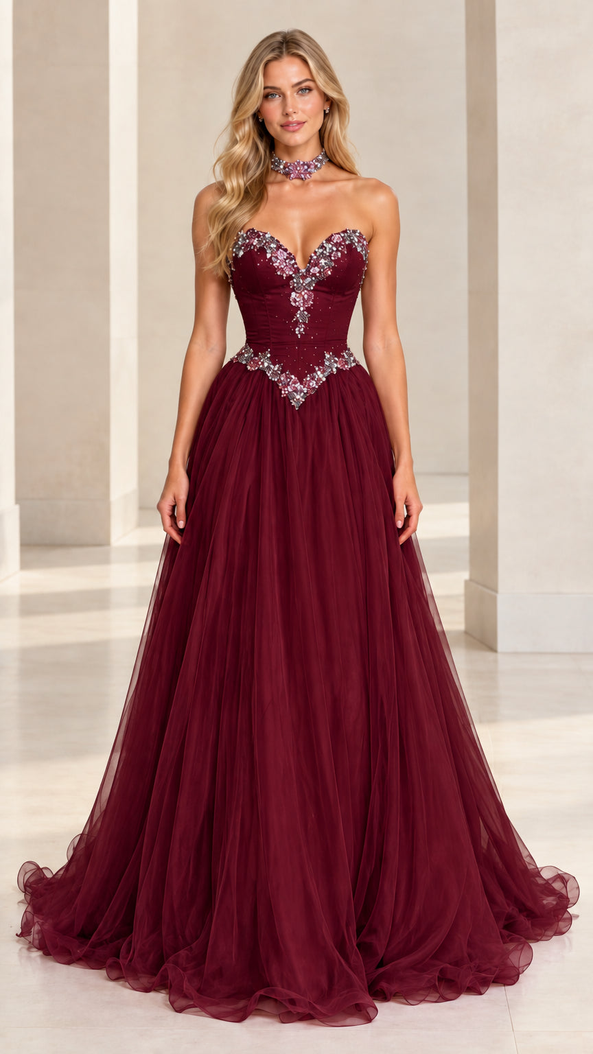 Front view of model wearing burgundy wine beaded tulle formal evening dress
