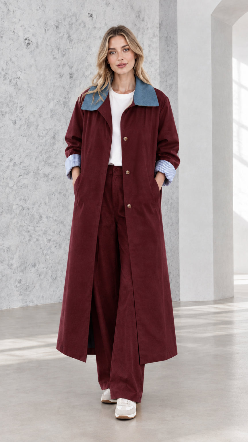 Model wearing rich burgundy maxi trench coat with contrast blue collar