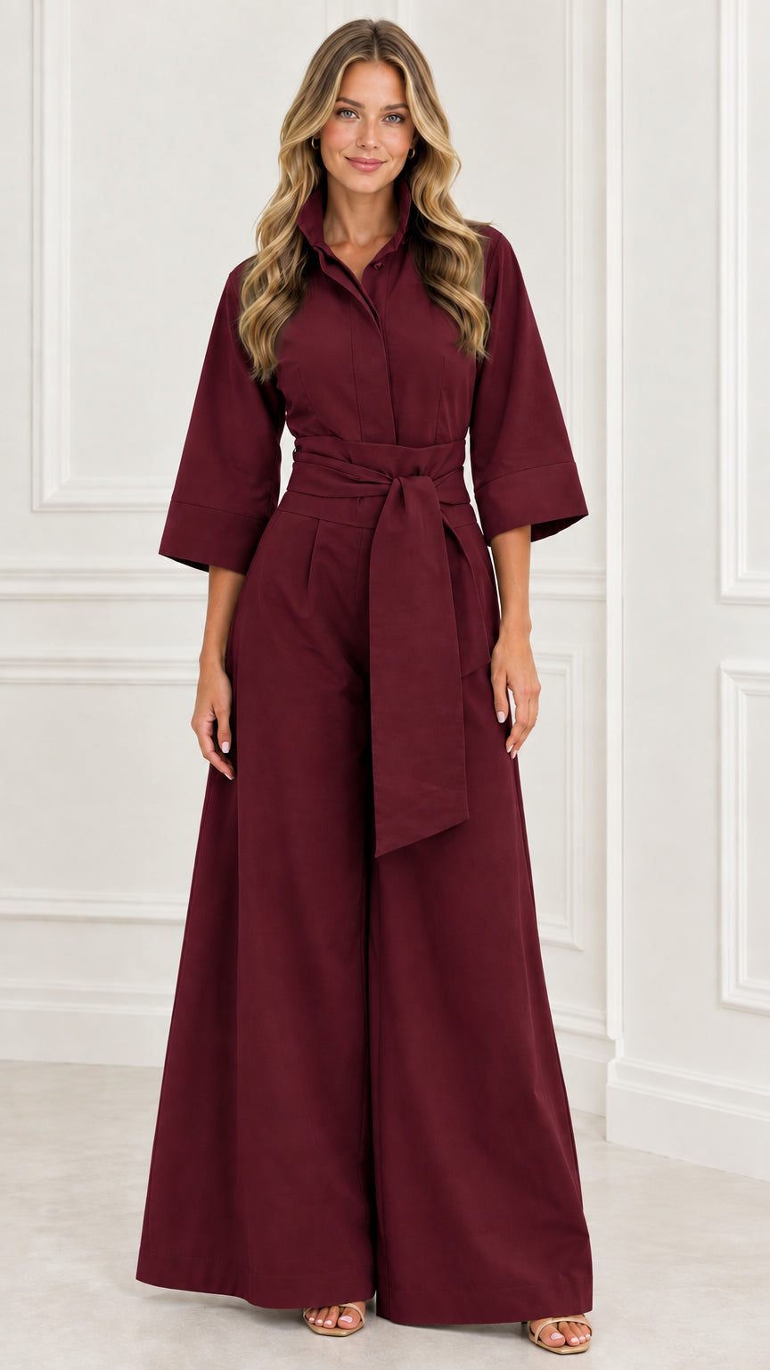 Front view of woman wearing a burgundy red collared wide-leg jumpsuit with belt