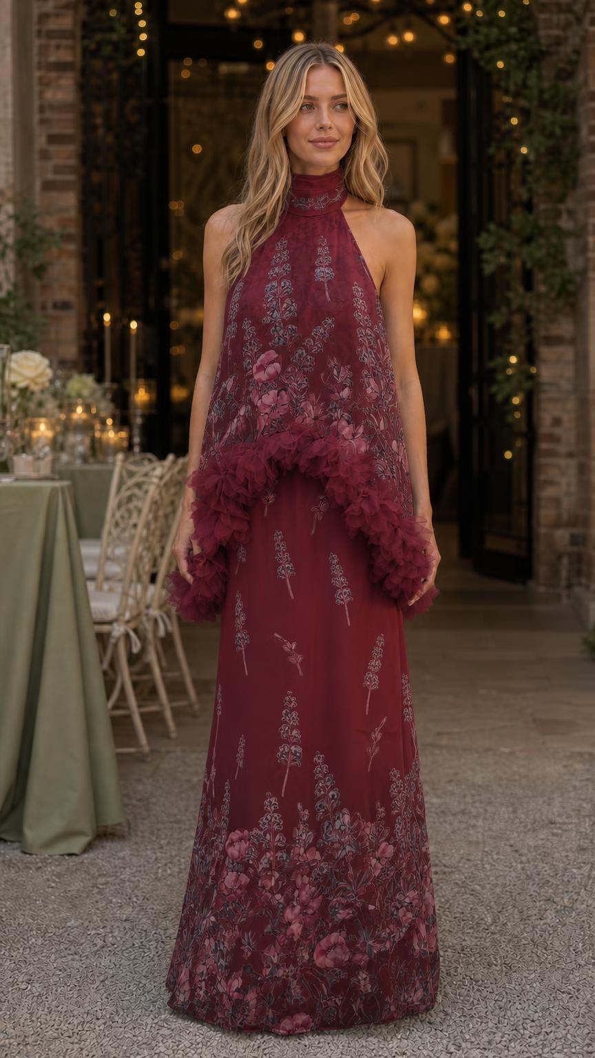 Model wearing burgundy floral print ruffled halter maxi dress