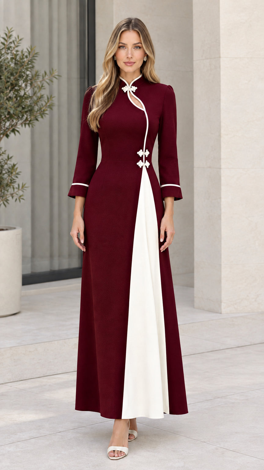 Burgundy wine red A-line maxi dress with cream contrast panel and 3/4 sleeves