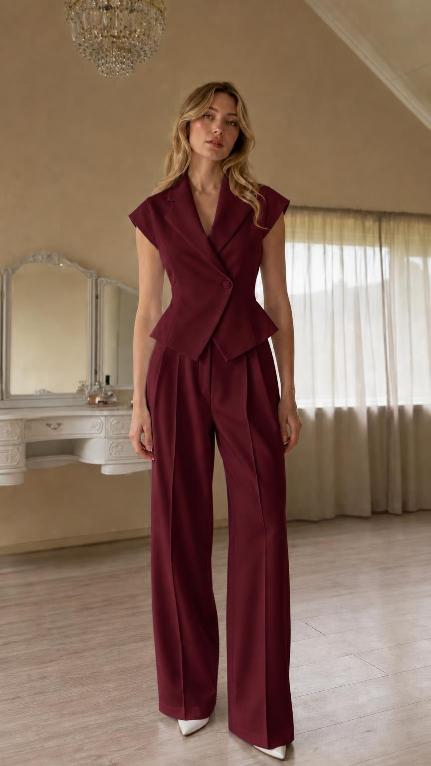 Full view of burgundy color variant two-piece pants set