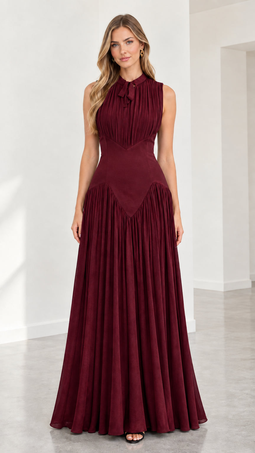 Burgundy wine sleeveless pleated maxi formal evening gown