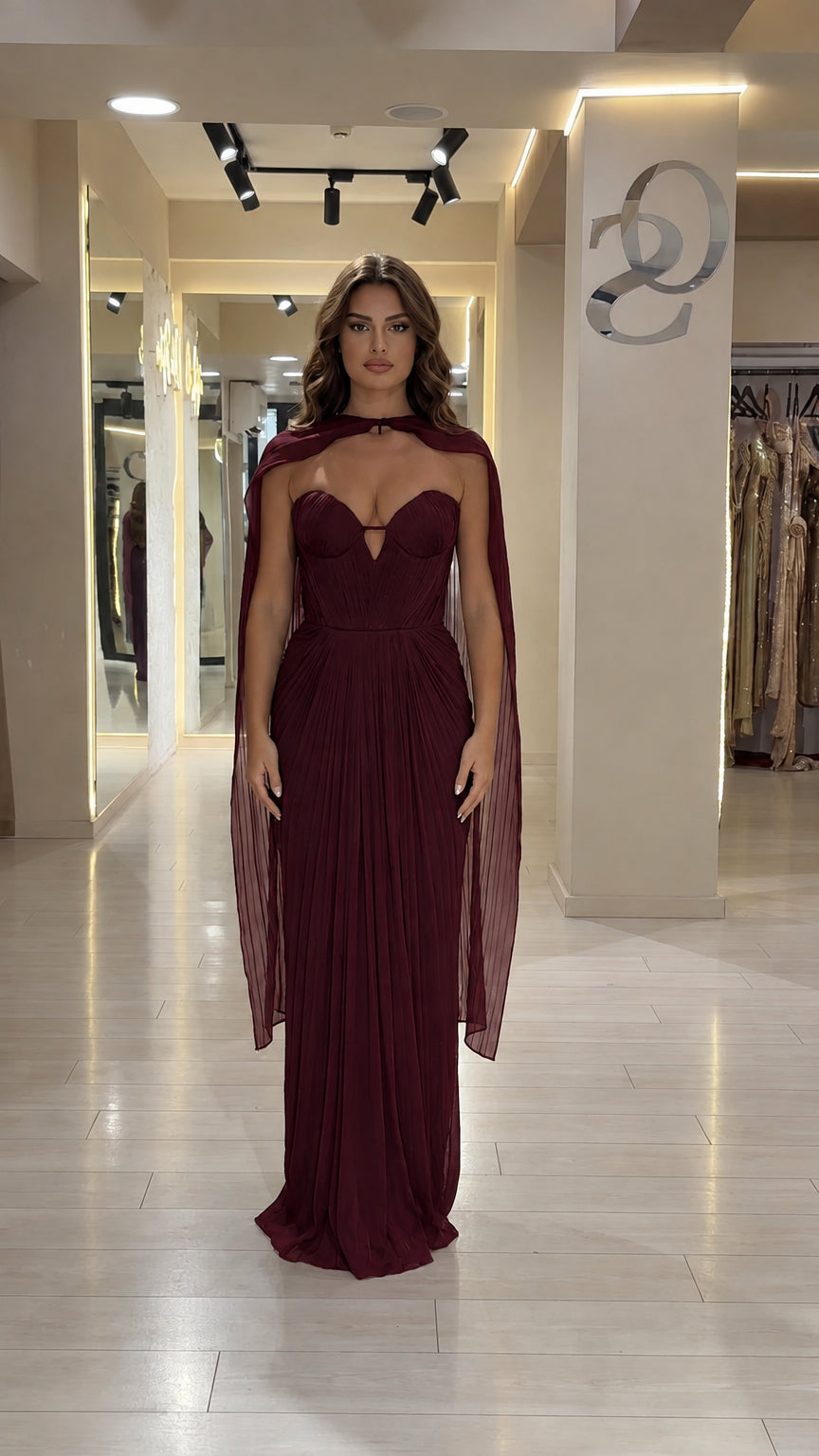 Burgundy Wine Red Sweetheart Pleated Formal Cape Gown