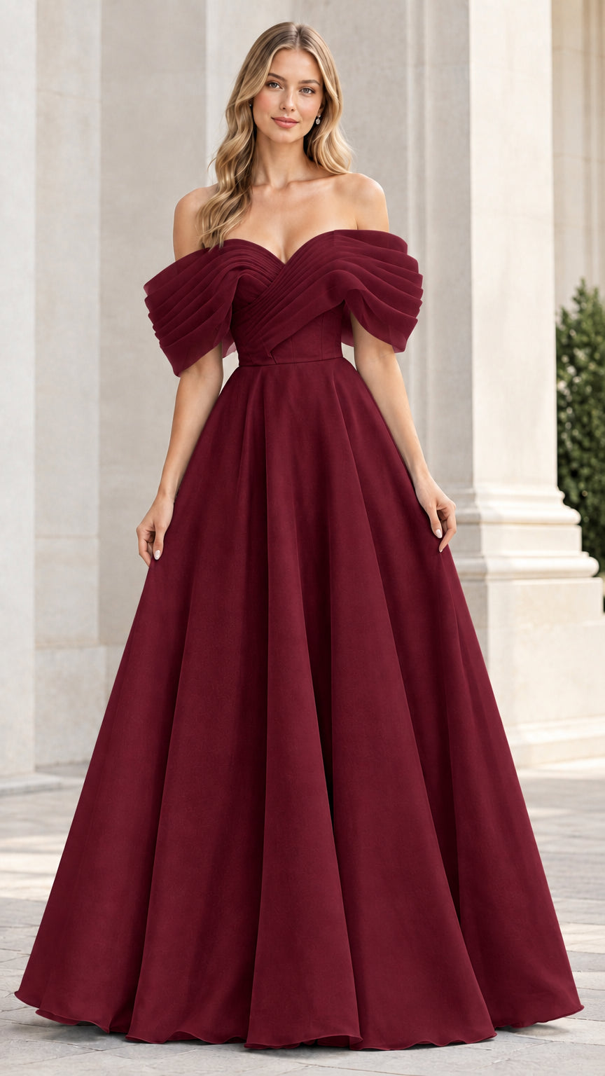 Model wearing a burgundy off-the-shoulder pleated A-line formal gown