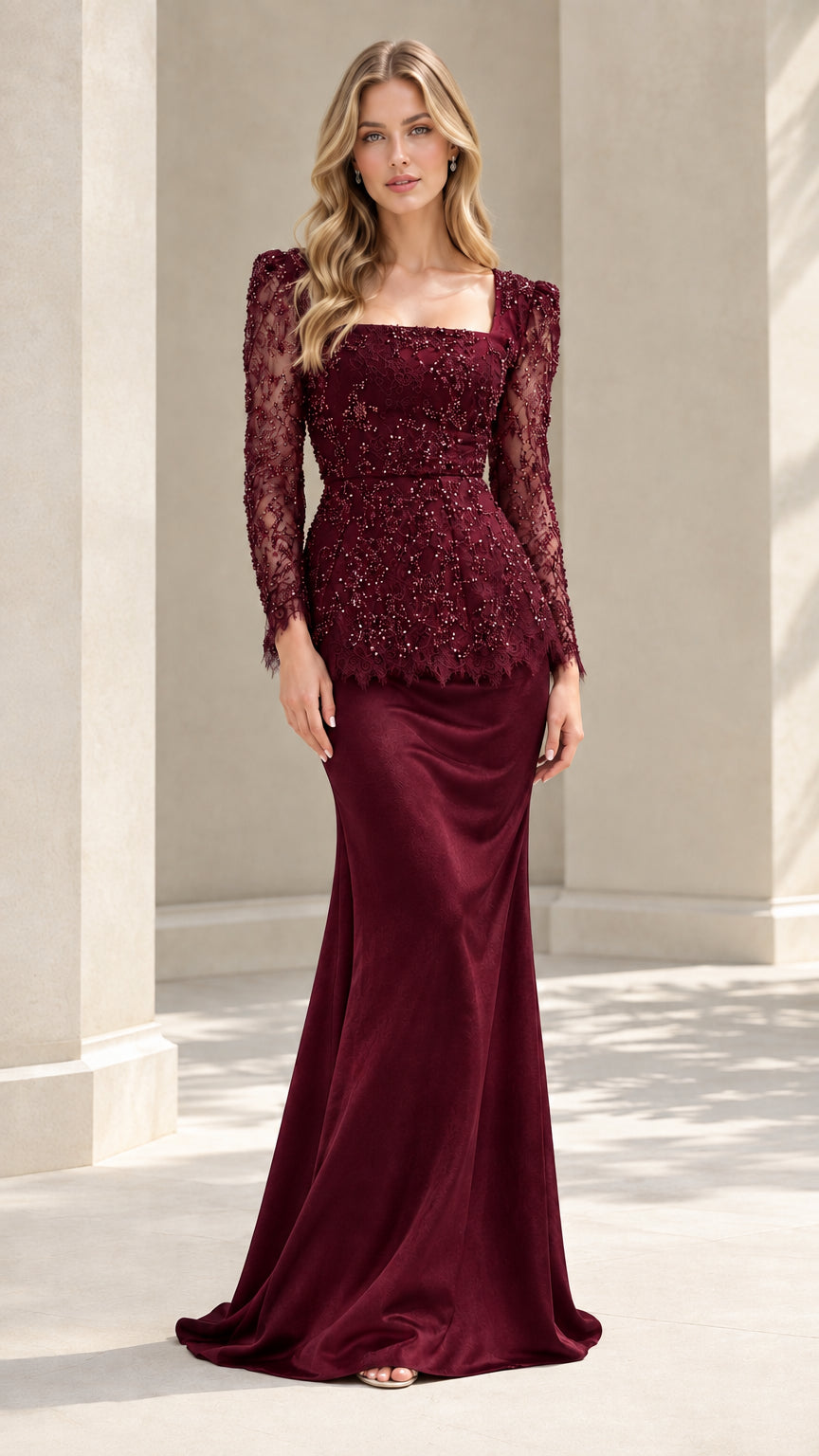 Full-length view of Burgundy beaded lace formal evening maxi dress