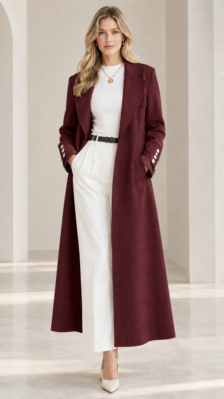 Full-length front view of model wearing the tailored maxi trench coat in burgundy wine red
