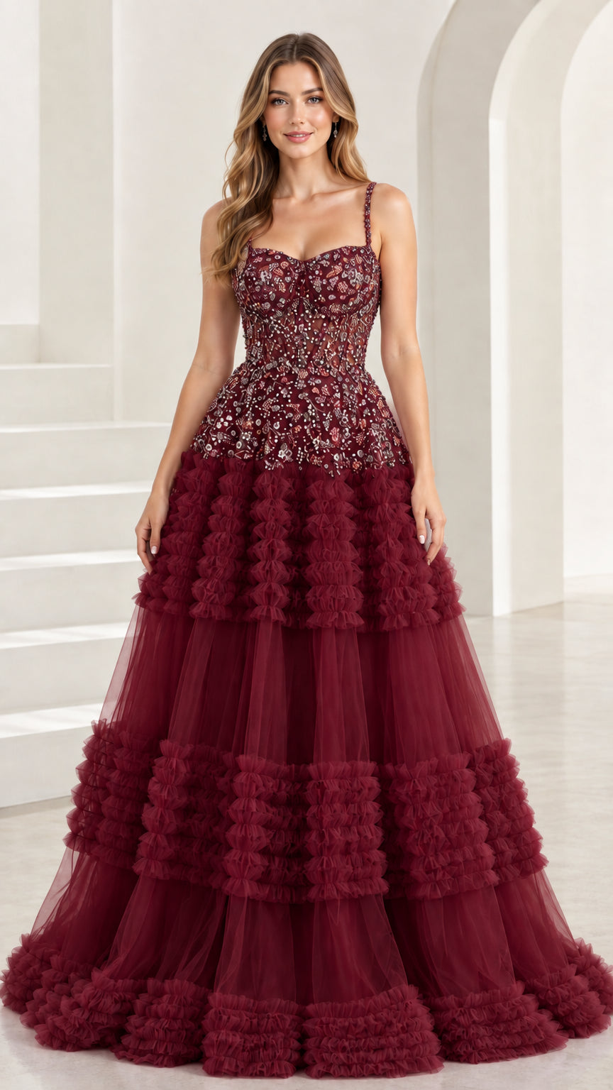 Front view of Burgundy embellished corset floor-length tiered gown