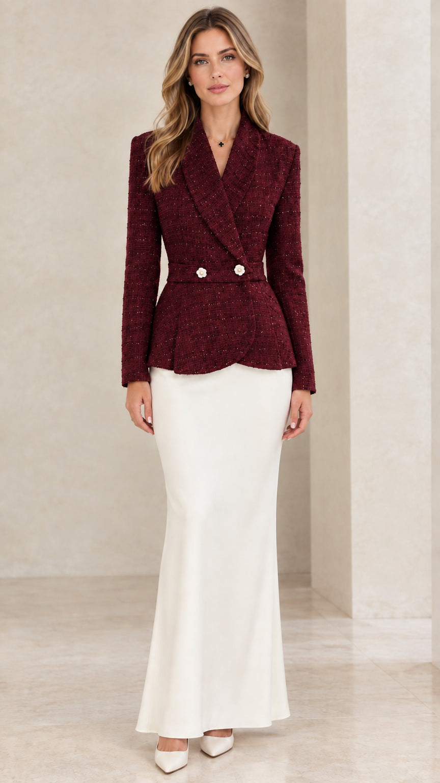 Model wearing Burgundy red tweed peplum blazer with white skirt
