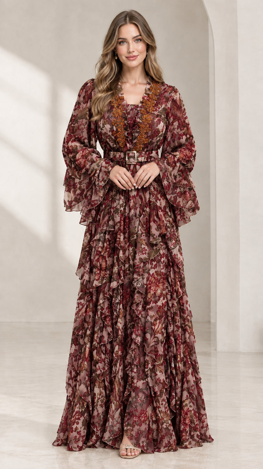 Front view of burgundy floral print tiered maxi gown