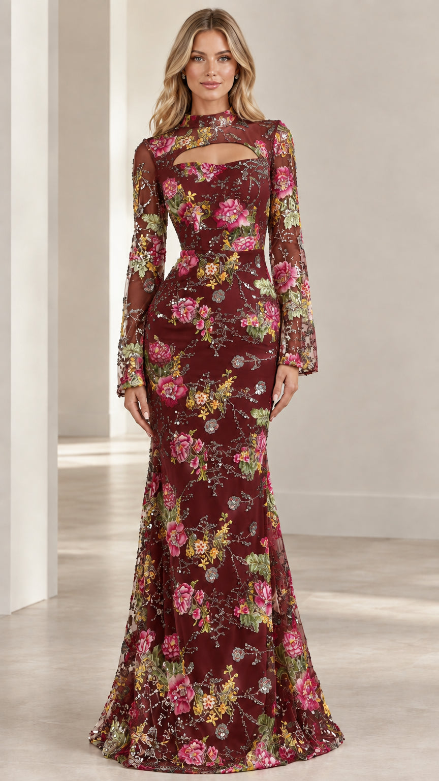 Front view of Burgundy wine red floral embroidered long sleeve evening gown