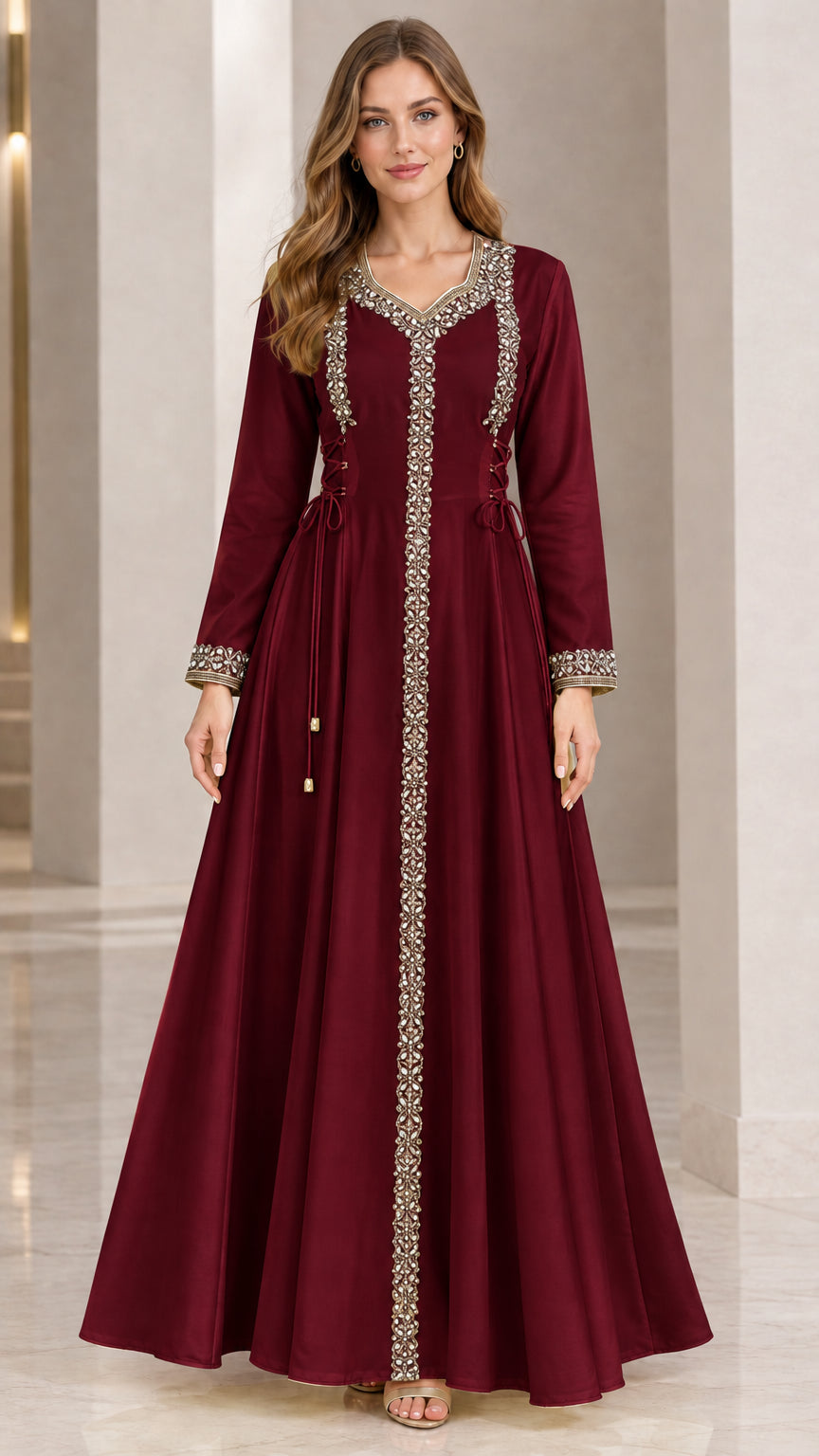 Front view of woman wearing burgundy wine red embellished long sleeve maxi gown