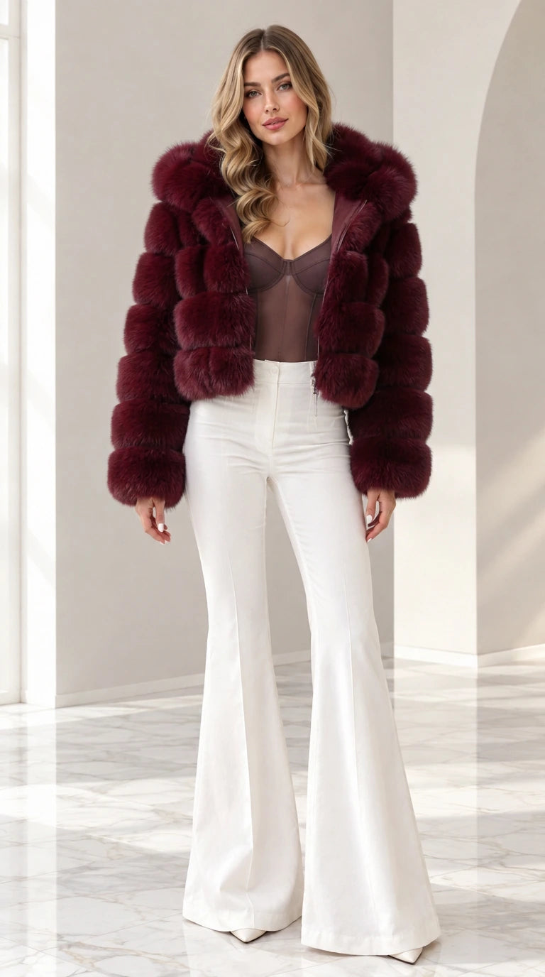 Model wearing deep burgundy cropped hooded faux fur jacket with white pants