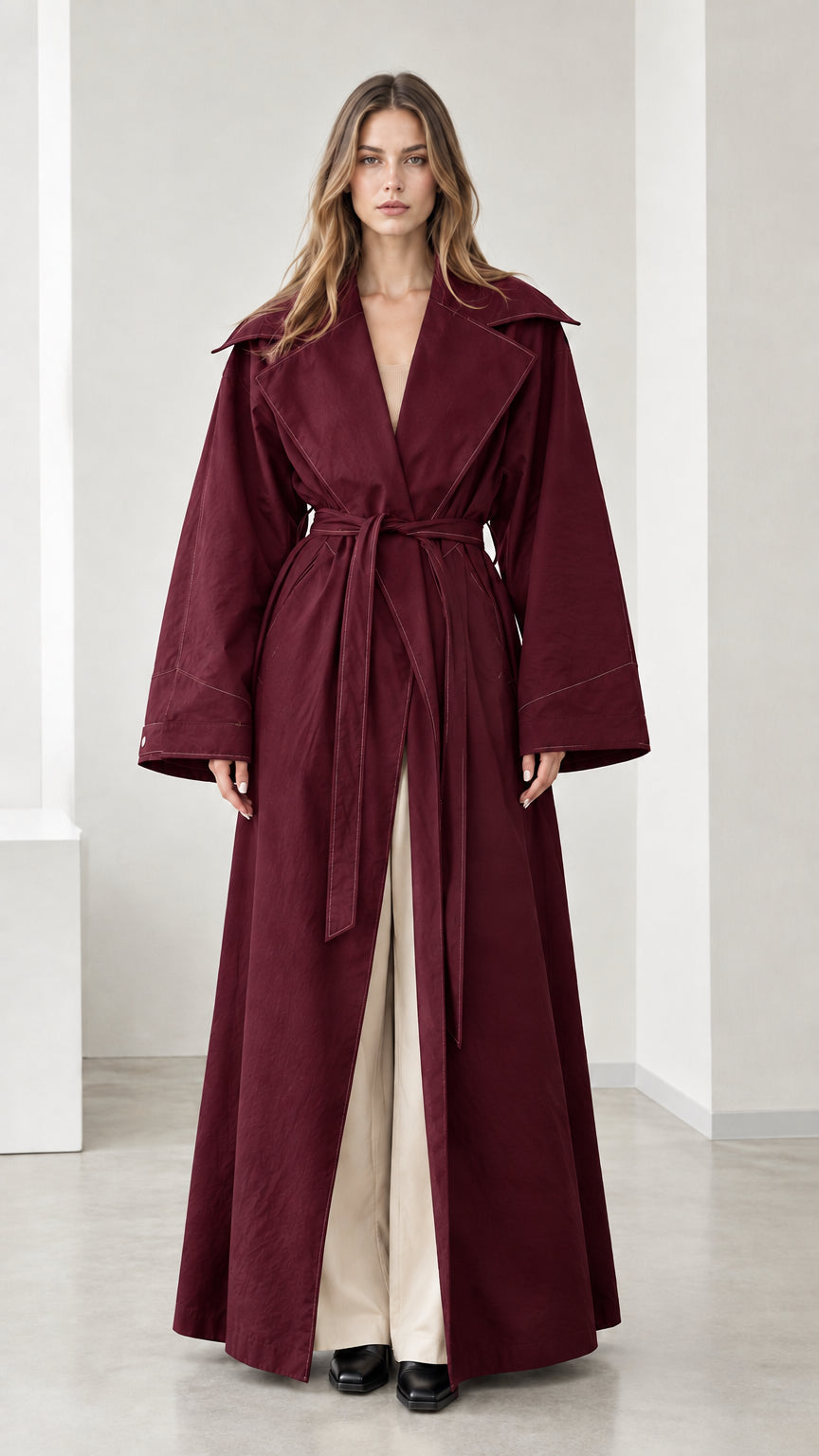 Full-length view of woman wearing burgundy wine red maxi trench coat