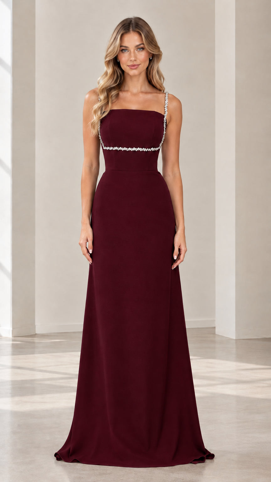 Front view of rich burgundy wine formal dress with crystal embellished straps