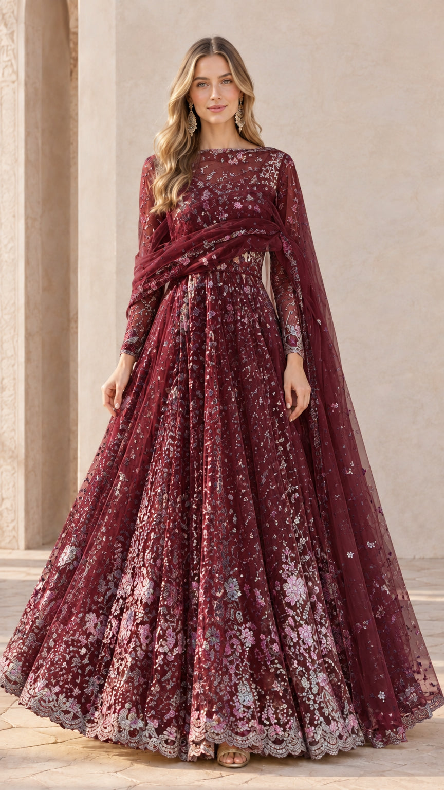 Burgundy wine embroidered full-length formal Anarkali gown