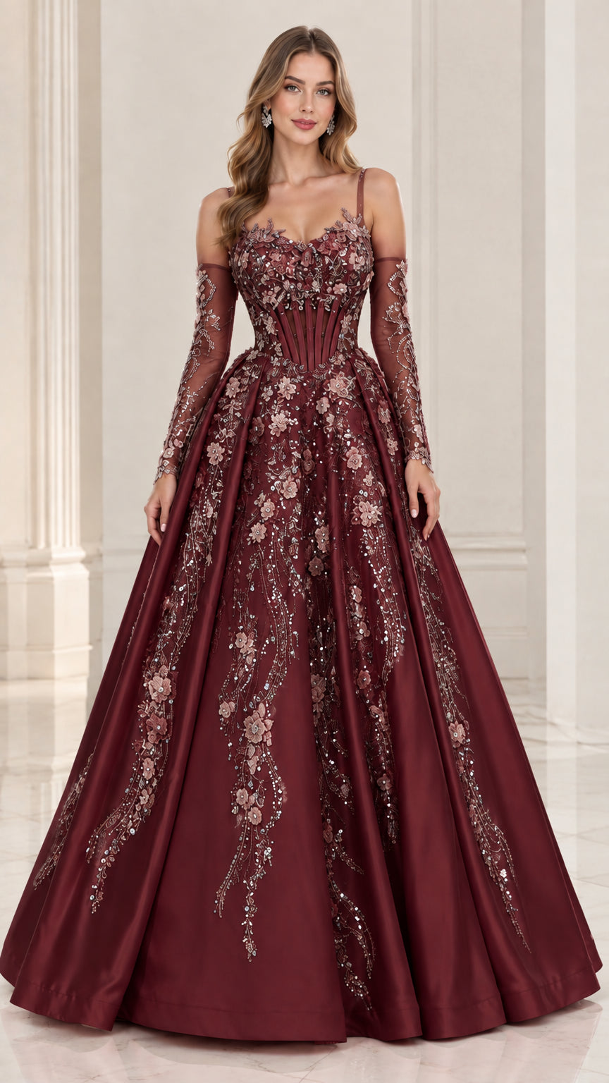 Burgundy red corset ball gown with shimmering floral applique details