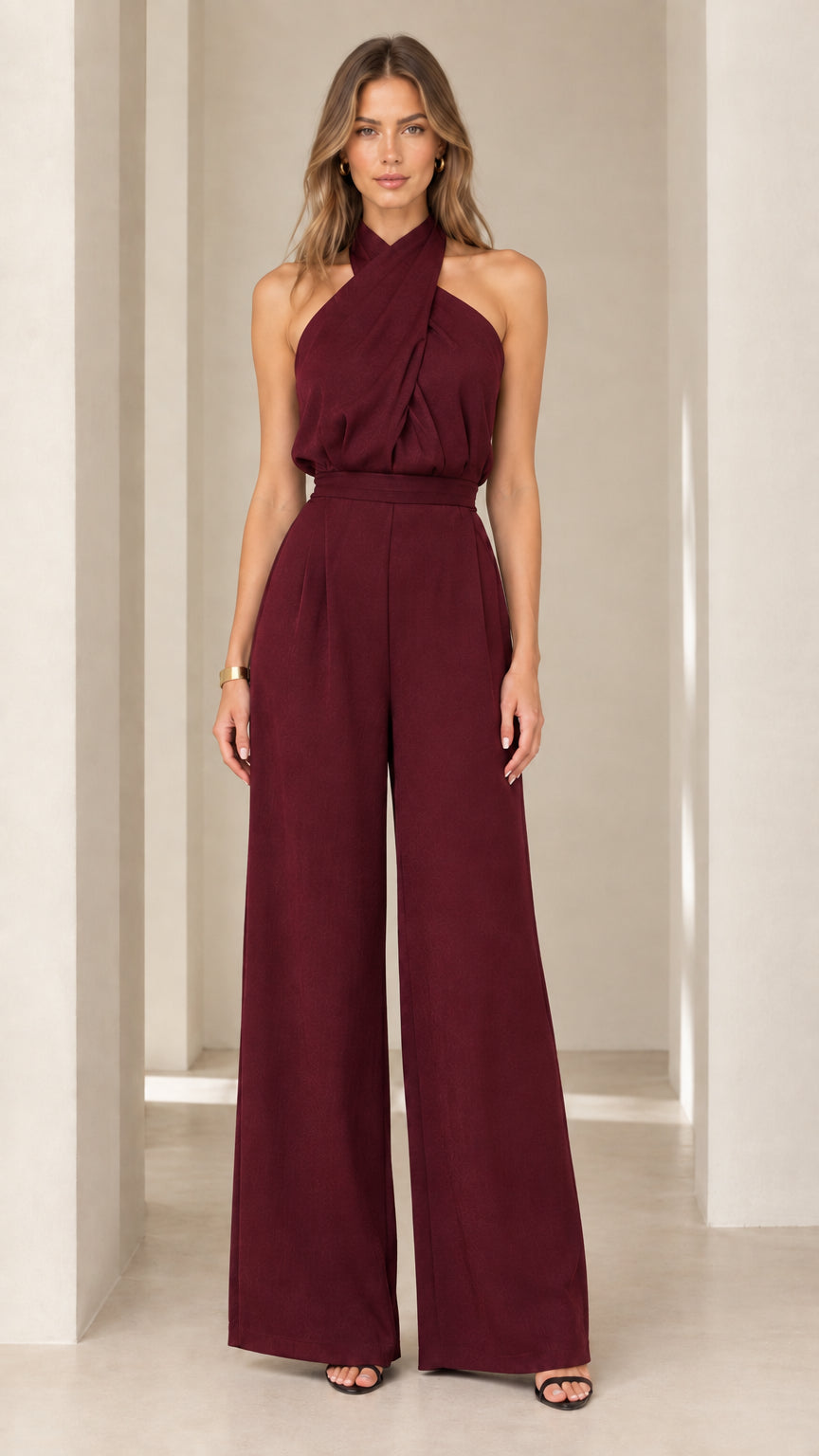 Model wearing burgundy red crisscross halter neck wide-leg jumpsuit
