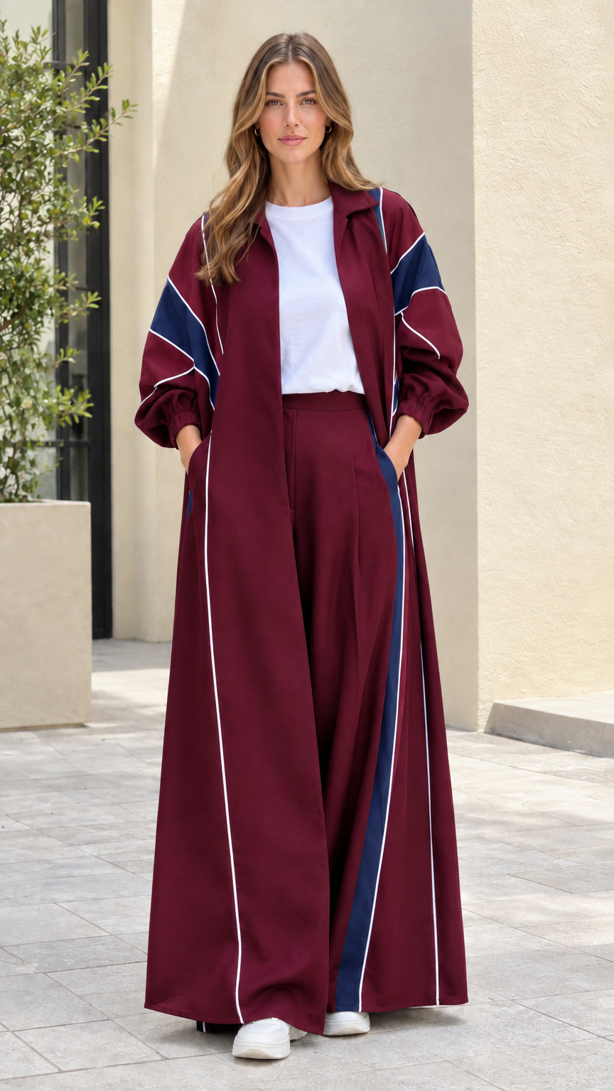 Front view of burgundy red colorblock long duster and wide-leg pants set