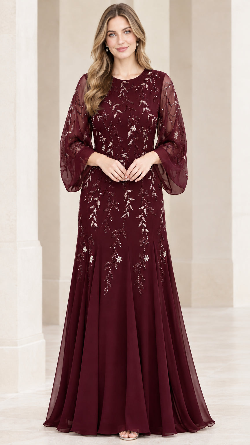 Front view of burgundy wine sequin-embellished chiffon formal gown