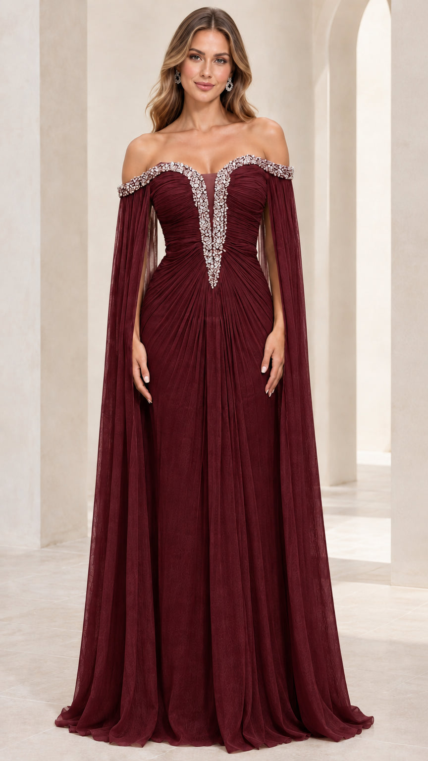 Burgundy wine crystal-embellished cape sleeve evening gown